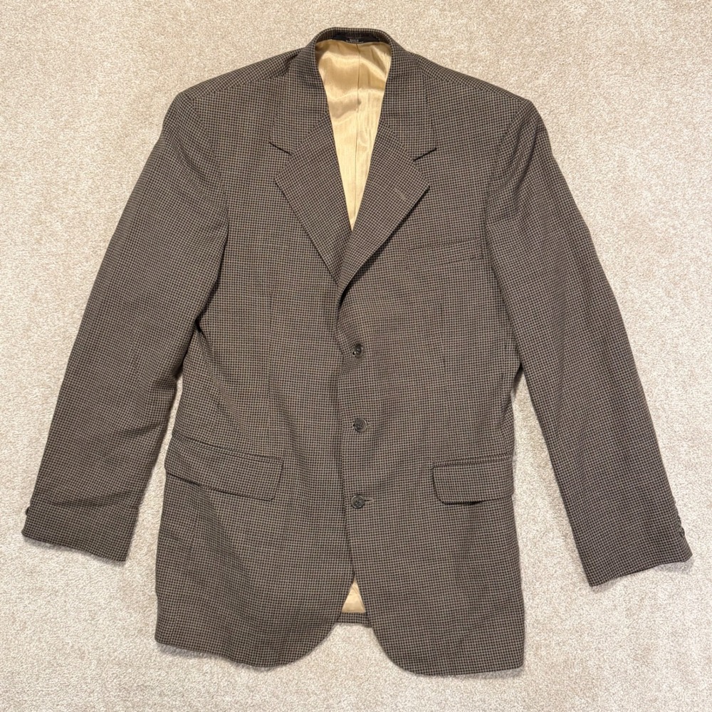 Haggar Blazer Mens 40L Brown Houndstooth Worsted Wool Blend Sport‎ Coat 3 Button
